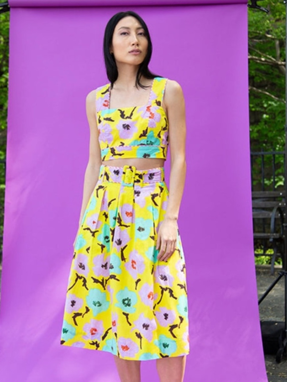 Rachel Antonoff Yellow Floral Crop Top & Midi Skirt Set size 6